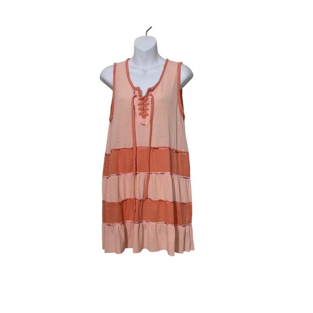 POL Tiered Mini Dress Womens Small Pink Lace Up Boho Sleeveless